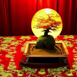 large glass globe with ultra-fine detailed bonsai tree on a red and gold tablecloth, beautiful, peaceful, gorgeous, flickering light, ornate, baroque, 8k, high-quality, fine-detail, intricate, digital art, brian froud, howard lyon, selina french, anna dittmann, annie stokes, Greg Rutowski