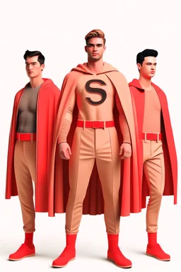 three men in different Balenciaga Superman's emblem clothing, beige tones, fashion plates, deconstructed tailoring, rendered in cinema4d –q 2 –ar 3:5