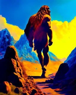 Imagina el hombre de Neandertal caminando de frenta por montañas colores complementarios arte digital foto realista obra de arte hiperdetallada intrincada sombras 3D iluminación cinematografica 8k 3D cuerpo completo clima soleado nubes