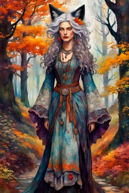 full body, close up fantasy portrait, of a cool female silver fox bohemian , with highly detailed hair and facial features, in a flowing, ornate peasant dress in an otherworldly, mystical and enchanted forest ,in the painting style of Egon Schiele, Arthur Streeton and Peter Wileman in vibrant autumnal colors