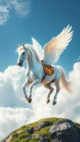 A very beautiful all shiny white milky horse with wings and golden crystals Horse saddle. on his back flying in the all white cloudy sky above the plant earth , Bosch nightmares style painting, 4k, very hood quality picture