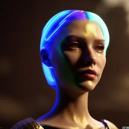 pretty british cyber woman, cold ambient, rain, fog, latex, cables, purpurin, black, gold rings, brown, decorative color feathers, circuits, neon style, a lot of led lights, fog, rain, vibrant color, highly detailed, art stations, concept art, smooth, unreal engine 5, god rays, ray tracing, RTX, lumen lighting, ultra detail, volumetric lighting, 3d, finely drawn, high definition, high resolution.