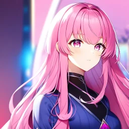 girl, masterpiece, best quality, volumetric lighting, detailed outfit, perfect eyes, long hair, pink hair, pink eyes, pink sky, close-up,