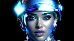 Fotorealistisch Miley Cyrus strahlend blaue Augen im offenen Helmvisier in silberfarbener Lederkombination