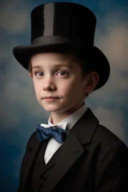 facial portrait - 10-year-old Abraham Lincoln is posing for his school picture - wearing a black suit and tie and a top hat - Sparkling, Sky blue Background, professional quality studio 8x10 UHD Digital photograph by Scott Kendall - multicolored spotlight, Photorealistic, realistic stock photo, Professional quality Photograph. colored Fog