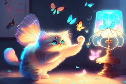 cute chibi fluffy beige bioluminescent cat playing with colorful flying butterflies dynamic movements next to a glowing tiffany lamp in a modern room