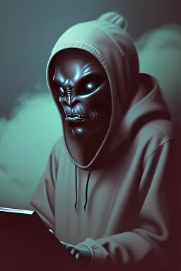 Alien music producer smoking a big cigar, wearing a big hoodie, sitting in front of the music studio desk, on the clouds