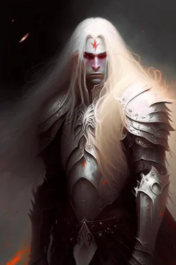 Paladin in dark armor, white long hair, Red eyes, standing in mists, Male, dark art, Ivory Peach skin