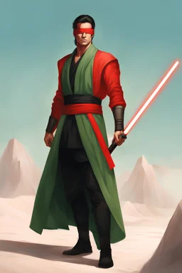 Red Blindfold, Male Tan Human, Very Long HairLong Black Hair, Peaceful pose, Red Crossgaurd Lightsaber