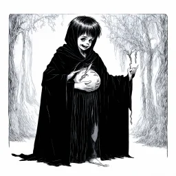 7 year old boy, necromancer, friendly, looks dead,with a long lamprey emerging from his belly , wearing black robes, in the style of Harry Clarke