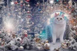 Double exposure, merged layers, Christmas fantasy, cat Christmas ornaments, gifts, double exposure, snowfall, heart, snowflakes, icy snowflakes, burlap, gems and sparkling glitter, sunshine