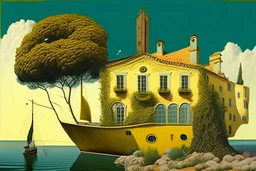 A large yacht is parked in the yard of a yellow stone house with a brown tiled roof, a large brown window and a chimney, a lush lace bush and a marijuana plantation, in the surrealist Salvador Dali style