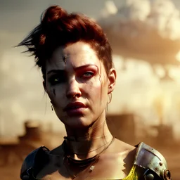 Ultra realistic mad max scene, party. Danger sweet woman, waist up view. Steampunk style, epic, yellow smoke fog, hottest, highly detailed, concept art, unreal engine 5, god rays, ray tracing, RTX, lumen lighting, ultra detail, volumetric lighting, 3d, finely drawn, high definition, high resolution.