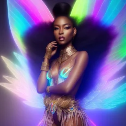 full body shot, masterpiece, best quality, black skinned, sparkling eyes, long hair, gorgeous African Fairy queen,wings,fluorescent skin,light blue makeup,sparkly glass diamond transparentsynthwave, light indigo, trasparent , irridescent, highly detailed body, sun light, 4K, RAW, depth of field, high contrast, realistic details, 24mm vaporwave aesthetic, synthwave, artstation, concept art, smooth, extremely sharp detail, finely tuned detail, ultra high definition, 8 k, unreal engine 5, ultra sha