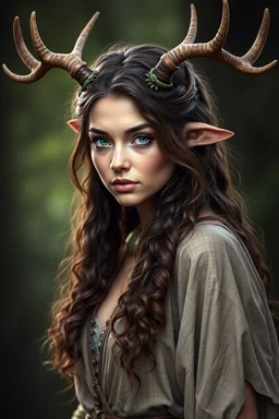 A female fantasy druid with antlers, olive toned skin, long brown curly hair, green eyes, Quirky face, Photorealistic style