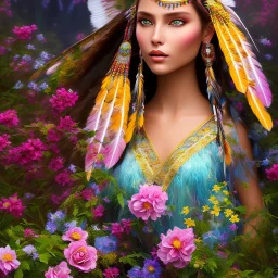 bright native american fairy, beautiful portrait, flowery landscape