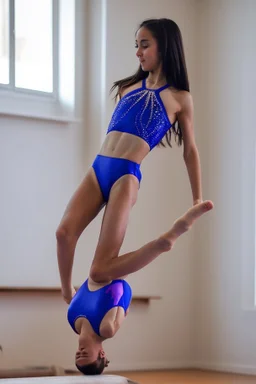 two beautiful teen doing gymnastics in her room. bikini.