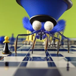 close up of a large hairy blue spider wearing a top hat and playing chess, photorealistic, blender render, wide angle lens, 4k, two birds, jungle,