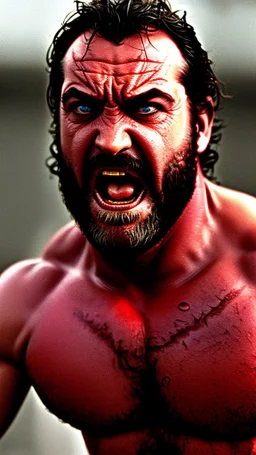 extreme close up photography of 40 years old burly muscular chubby very ugly spanish plumber yells angrily, in tank top and overalls beard, sweat, manly chest, bulge, long curly hair, vampire teeth and fangs, bloodshot eyes, photorealistic, 80mm lens, Canon EOS, hyper-realistic, very detailed, angry eyes, natural colours, sunlight