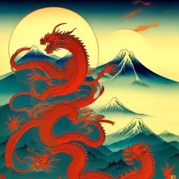 Ukiyo-e art, dragon, mountains, sun