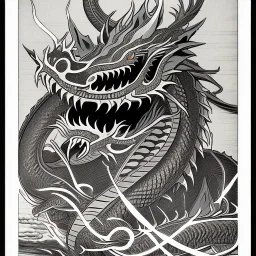 Ukiyo-e styled art, black and white dragon, full picture