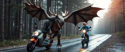 moose dragon rex with powerful wings in forest by the wet shiny road taking a bite of a youth nerd on a scooter
