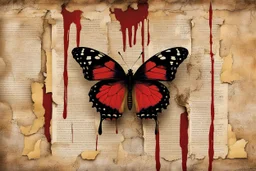 a bleeding black butterfly is nailed to an old dirty wall, red blood flows from the butterfly's wings and body, old yellowed torn newspaper clippings, dirty fingerprints, cracked old grayed white paint on the wall, intricate details, sharp focus, filmy , surreal, frighteningly beautiful, perfect composition