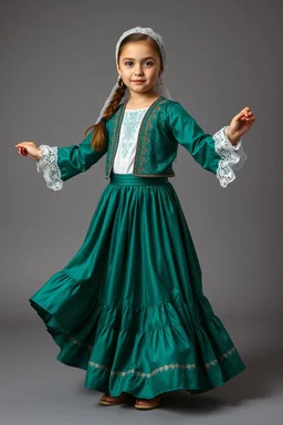 full body 7years old girl ,simple background, full body of very pretty little girl in azeri dance wearing A midi underdress or shirt, often made of silk,A fitted, often velvet or brocade, jacket worn over the shirt.Wide, bell-shaped skirts are worn, often long and layered to create beautiful movements while dancing, with a long lace scarf at back of her head,in relax pose looking at camera.