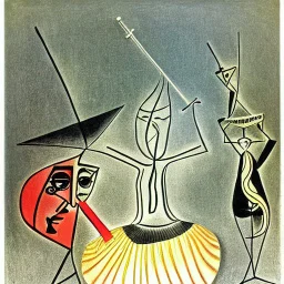 drawn in single line by Nicolai Blatter with hatch with parallel wavy lines metal engraving with spanish man dance procession in salvador dali style or picasso style