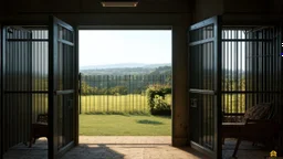 Interior of a dark dismal prison cell with prison furniture, looking out through an open cell door and open bars into gardens and distant hills in bright sunshine and freedom. Exquisite composition, beautiful detailed intricate detailed octane render, 8k artistic photography, photorealistic, perfect light, chiaroscuro, award-winning photograph, masterpiece