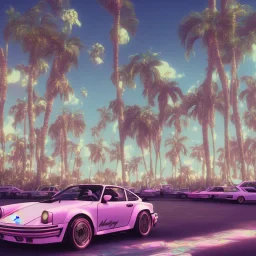 1980's aesthetic vaporwave palm trees and spheres and neon Porsche