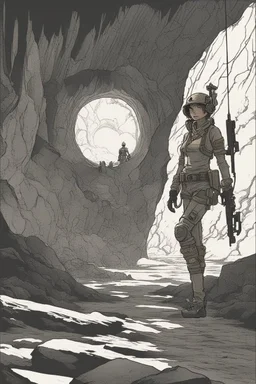 At the farthest reaches of the cavernous underground bunker, a solitary figure stood amidst the dimly lit expanse. From this distant vantage point, it was as if a guardian spirit had emerged from the depths of the earth itself. Tank Girl, her unmistakable silhouette recognizable even in the cavern's vastness, stood at the very heart of this subterranean world. The soft, ambient light cast her in a warm, almost ethereal glow, contrasting starkly with the rugged, rocky surroundings. She was a lo