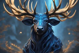 Beast Shadow symbiote in 8k realistic anime drawing style, blue neon crystal antlers deer, human model, close picture, fantasy Deer them, intricate details, highly detailed, high details, detailed portrait, masterpiece,ultra detailed, ultra quality