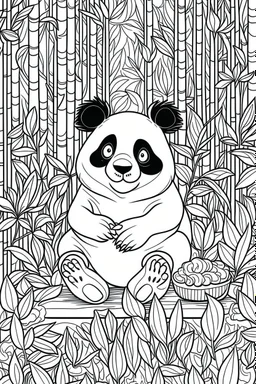 HAPPY NEW YEAR coloring page for kids, Panda munches on bamboo in patterned backdrop, thick outline, low details, no shading, no color