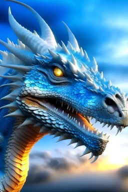 Photograph of a realistic, very beautiful dragon with glowing blue eyes, small pretty head, showing the whole dragon, flying in a beautiful sky