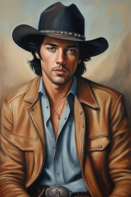 facial portrait, 18-year-old Elvis Paul Stanley Keanu Bernthal, cowboy hat, tan leather jacket, blue shirt, blue eyes, short hair, oil painting, elegant, highly detailed, centered, digital photograph, smooth, sharp focus,