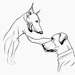 Striking one line art design featuring a side view of a Doberman dog and a man's raised hand in friendly fist bump. The man's arm is isolated, it emphasizes the bond and connection between the two. The Doberman has an affectionate expression. Intense black background. Simple but powerful design, symbolizes the connection between humans and pets