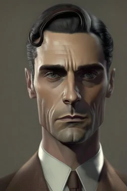 human, mid-fifties, smart brown suit, short salt-and-pepper hair, clean-shaven, very dark eyes and stern gaze