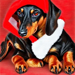 black and brown dachshund in a santa costume profile impressionism