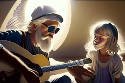 An angel handsome man with a very very!!! short, grey beard and moustache and a grey beret, with round black sunglasses and a shining halo plays guitar, in front of him a 7-year-old girl with blonde-brown hair is listening with her head propped on her elbow on a carpet, ethereal, heavenly, otherwordly, cinematic postprocessing, shading pastel and charcoal in sunshine, watercolor