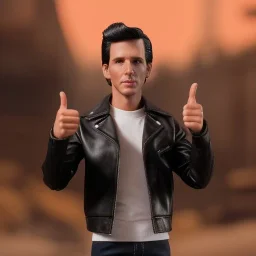 wide view young Plastic Fonzie with black hair greaser toy Action figure doll 1975 (thumbs-up) (face) Forehead grin, fonzarelli, jukebox background, eyes