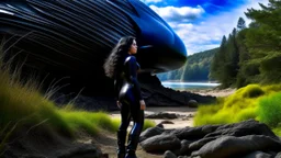 A long-haired woman in a catsuit standing on a beach of a rocky landscape with a crashed spaceship in the distance, with a forest beyond