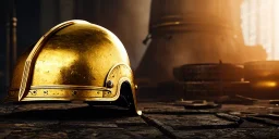 apocalypse, chaotic, magnificent, realistic, colorful, massive, epic, ray tracing, cinematic, 8k, HD, Ultra High Definition, photo film, film grain, hyper-detailed, old tarnished ornate rusty Hyper detailed Gold Medieval Knights helmet on ground with glass visor