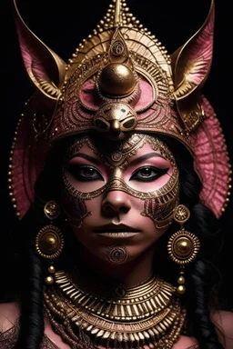 A face of Qween shiba of Egypt with a beautiful glowing eyes ,etherialism shaman, wearing etherialism achat stone and roze quartz, golden colour and copper ornate costume adorned wirh etherialism shamanism style lace, ornated textured etheral filigree and metal rose etherialism costume headdress organic bio spinal ribbed detaIL etheral shamanism and dark goth mixed style moonlight background intricate details, extremely etherial filigree maximalist portrait art