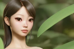 in a lush true-to-life tropical jungle, extreme close-up face portrait of luxury and beautiful fashion and dreamlike japan girl as anime character, au naturel, modern, realistic shaded perfect face, charming smile, young, cute, adorable, detailed eyes, random coloured hair and eyes, backlight, illustration, hyperdetailed, uhd, hires, 8k, realistic, symmetrical, octane render, volumetric lighting, volumetric clouds, 35mm, centered perspective view, vivacity colors, art by sam curry