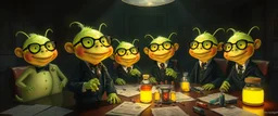 master oil painting by Rembrandt, good afternoon bitch A group of glowing, cartoonish uranium creatures in a dimly lit boardroom, wearing tiny suits and glasses, with playful but slightly mischievous expressions. Their bodies emit a soft greenish glow. The room is filled with scattered papers, glowing vials, and miniature nuclear reactors. Style: whimsical digital illustration, cinematic lighting, colorful, slightly exaggerated features, playful yet mysterious atmosphere.