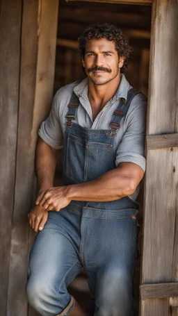 half figure photography of a burly beefy muscular brazilian farmer 29 years old, sweat, short curly hair, big moustach, manly chest, hand on the fap, manly chest with dirty overalls, on the door of a large barn, under the sun