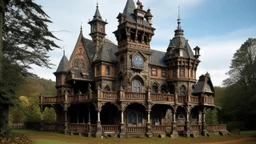 A blackish brown haunted castle with clocks designed in Maori sculptures painted by Edgar Degas