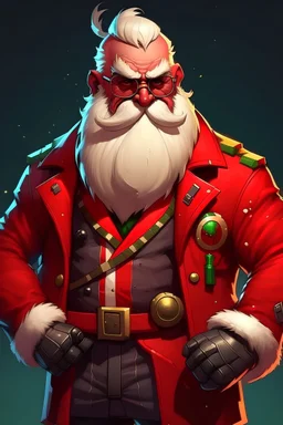 a cartoonish and badass Santa Claus resembling Duke Nukem and wearing a dark red leather jacket