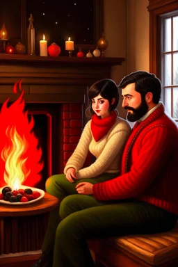 Fire place Christmas scene, dark haired couple, man with short black beard, blue eyes, sketch